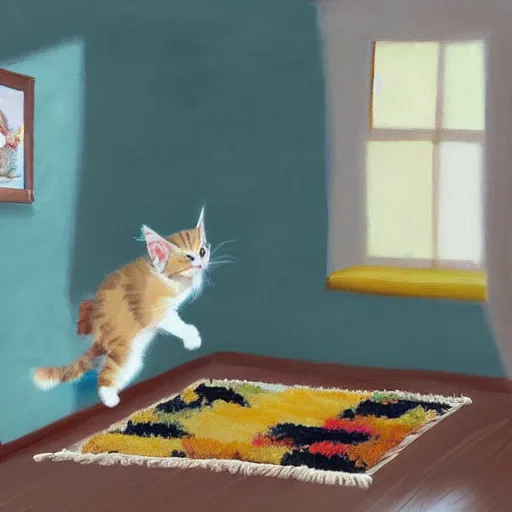 Prompt: cream color maine coon cat chasing a cat-toy-ball in a sunlit bedroom, hardwood floors with a colorful tattered old throw rug, bay window sofa in the background, fun, energetic, amusing, cute, funny, in style of Steve Henderson, trending on art station