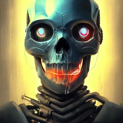 Image similar to skull - headed robot cyborg painting, illutstration, concept art, cyberpunk, futurism, comics art, artgerm, full body shot, wide angle