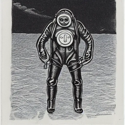 Image similar to ghost scuba diver wearing copper four light, twelve bolt diving helmet, heavy diving gear, emerging from the ocean at night in the style of ghost of captain cutler