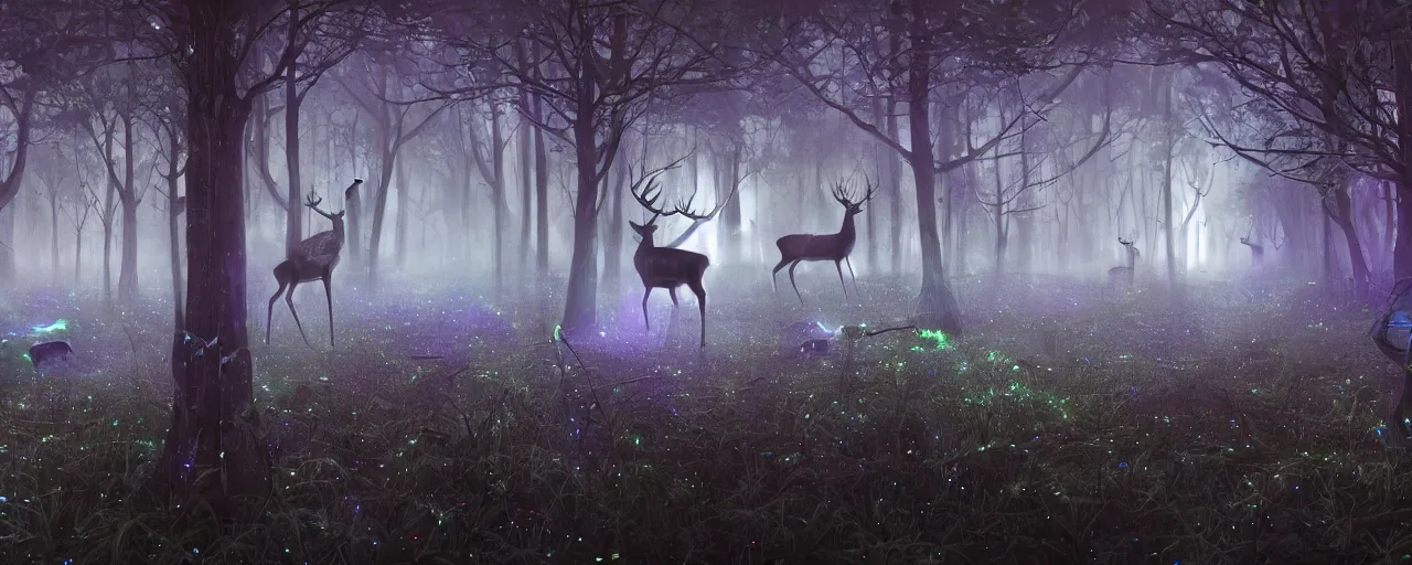 Prompt: deer in an ethereal electronic forest made from glowing circuits and electronics, highly detailed concept art, 3 d, dark, moody, led