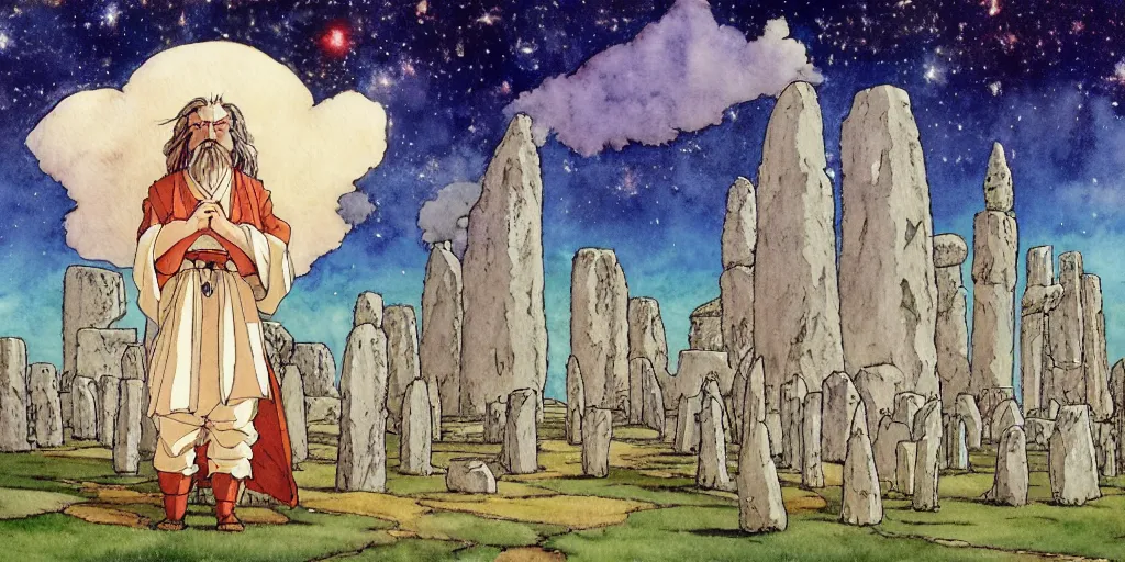 Prompt: a hyperrealist studio ghibli watercolor fantasy concept art of a giant long haired medieval monk with his heads down in lotus position in stonehenge with a starry sky in the background. a giant rocket ship from independence day ( 1 9 9 6 ) is floating in the air. by rebecca guay, michael kaluta, charles vess