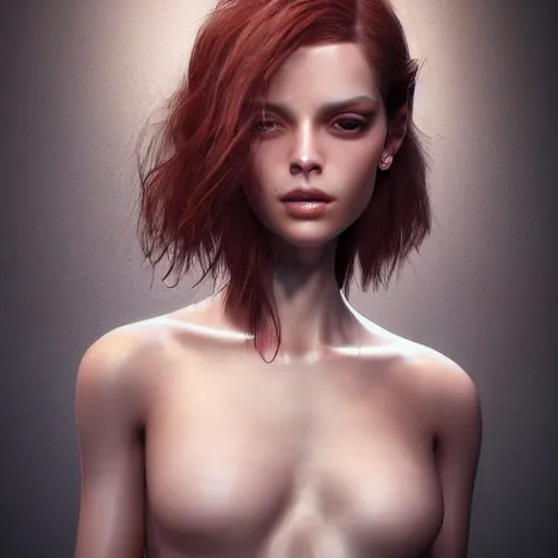 Image similar to Glamorous Runway Model, long fan blown dark reddish hair, tight bone structure, olive skin, intricate, elegant, highly detailed, octane render, photorealistic, smooth, depth of field blur, illustration, art by artgerm and James Jean, John Harris and Gregory Crewdson