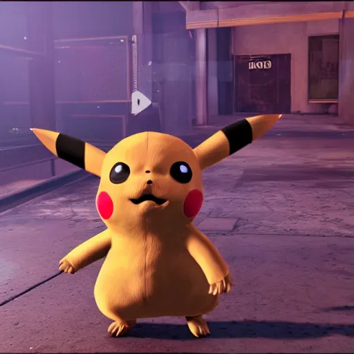 Image similar to 3 d modeled 3 d rendering with specular pbr material of realistic pikachu as a playable character in the videogame dead by daylight, pc gpu fov settings, videogame screenshot of mori animation, dark lighting and heavy fog, playstation 2 graphics