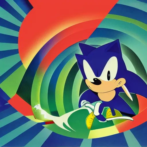 Prompt: Bad Trip matte painting of a Sonic the hedgehog, Green Hill Zone, in the style of Sachin Teng x Sonia Delaunay