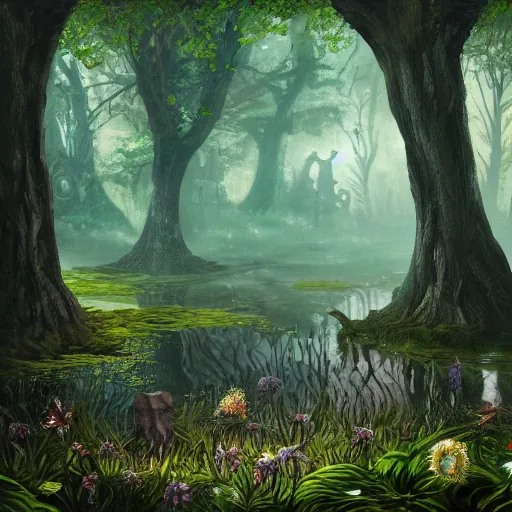 Prompt: The woods of The Feywild, the spring court, realism, fantasy setting, 8k, highly detailed, contrast, fantastical, unnatural, Feywild creatures, unusual colors, stunning, surreal