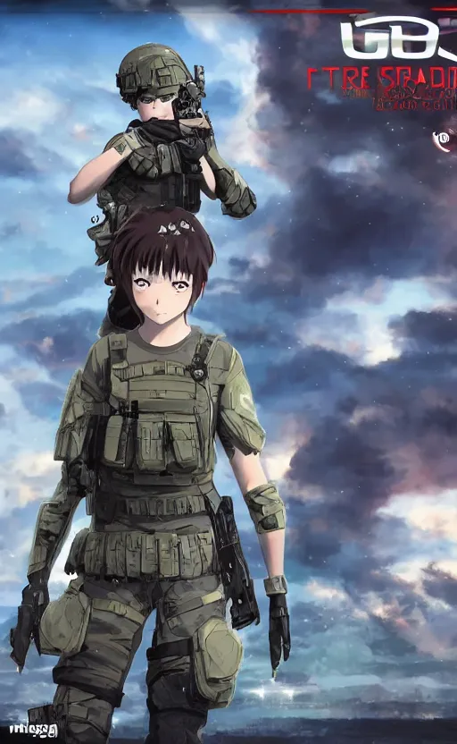 Image similar to girl, trading card front, future soldier clothing, future combat gear, realistic anatomy, war photo, professional, by ufotable anime studio, green screen, volumetric lights, stunning, military camp in the background, metal hard surfaces, generate realistic face