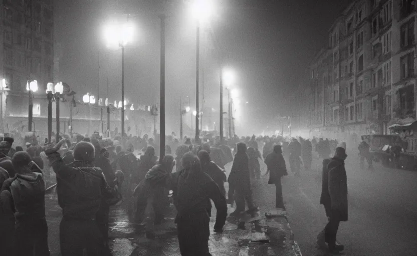 Image similar to 1990s movie still of a yougoslavian street with a large crowd fighting soviet soldiers, with stalinist style highrise, Cinestill 800t 35mm black and white, heavy grainy picture, very detailed, high quality, 4k panoramic, HD criterion, streetlight at night, foggy