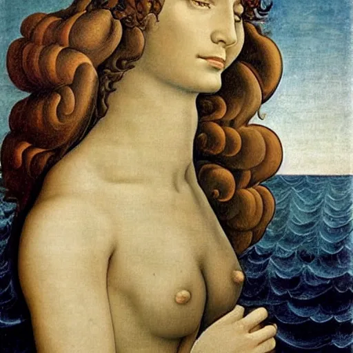 Image similar to standing portrait of Whitney Houston as Botticelli's Venus standing on a sea shell, as in birth of venus, accurate face
