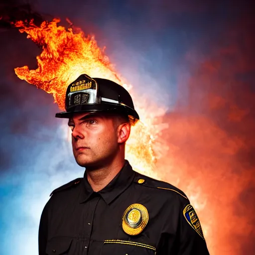 Prompt: portrait of a policeman head on fire , front, centered, riot background, at night ,editorial photography