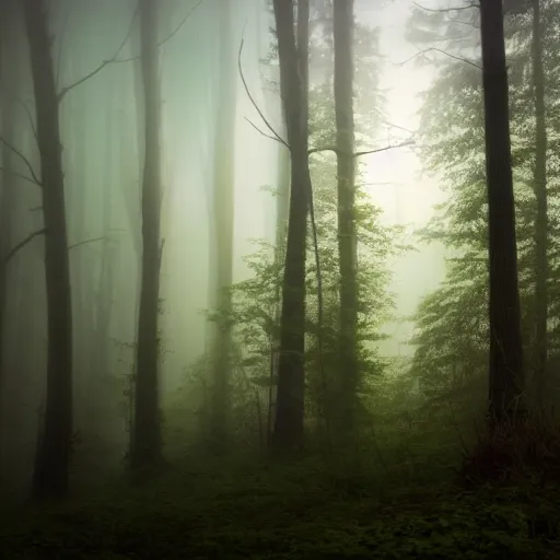 Prompt: a foggy forest clearing at night softly lit by multicolored lights, 8k, photo, rule of thirds,