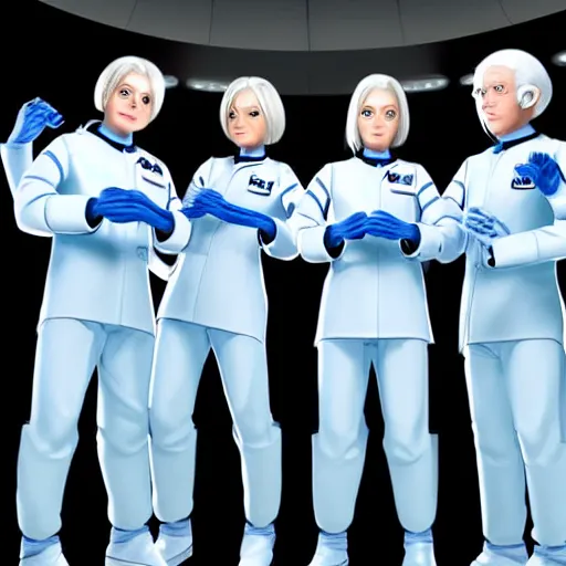 Image similar to sixtuplets, white hair, tight light blue neopren space uniforms, futuristic chemistry lab, sci - fi, highly detailed, cinematic