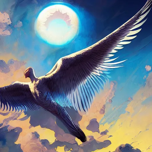 Image similar to melting waxen feathered wingspan outstretched wings of icarus the seagull under the boiling radiant solar orb that is the sun giotto valentin serov jim mahfood guillem h. pongiluppi 4k artstation