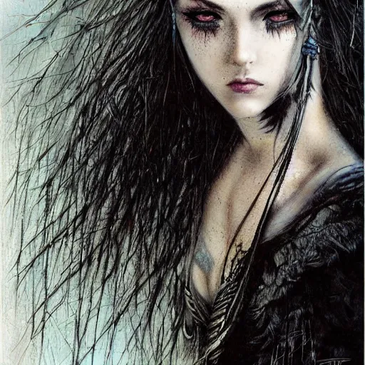 Image similar to young teen female with crow head , painting by Luis Royo
