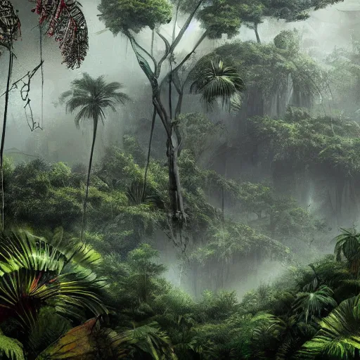 Image similar to a jungle with some abandoned/overgrown buildings, matte painting, detailed, trending on artstation,
