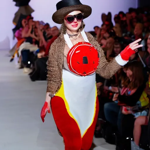 Prompt: a woman dressed up as a hamburger walking in a fashion show catwalk