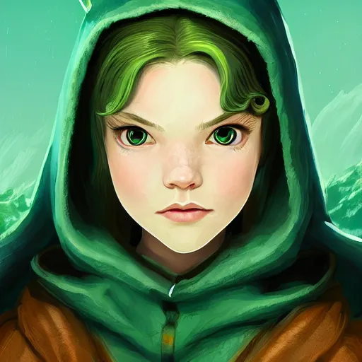 Image similar to Portrait of Anya Taylor-Joy as an elf ranger, pale green hooded cloak, lord of the rings, mattepainting concept Blizzard pixar maya engine on stylized background splash comics global illumination lighting artstation lois van baarle, ilya kuvshinov, rossdraws