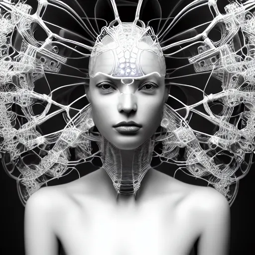 Image similar to closeup portrait of an absurdly beautiful, graceful, sophisticated, fashionable cyberpunk mechanoid gravure idol, an ultrafine hyperdetailed illustration by irakli nadar, matt wisniewski style, intricate linework, porcelain skin, iridescent jellyfish headdress, fractal ivory carved ruff, unreal engine 5 highly rendered, global illumination, radiant light, detailed and intricate environment