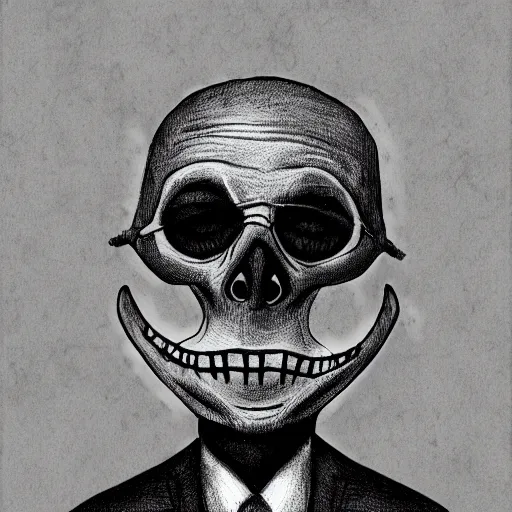 Image similar to grunge drawing of Klaus Schwab in the style of jack skellington and Jacob Shaw,creepy, surreal, trending on artstation, bold and vivid colour