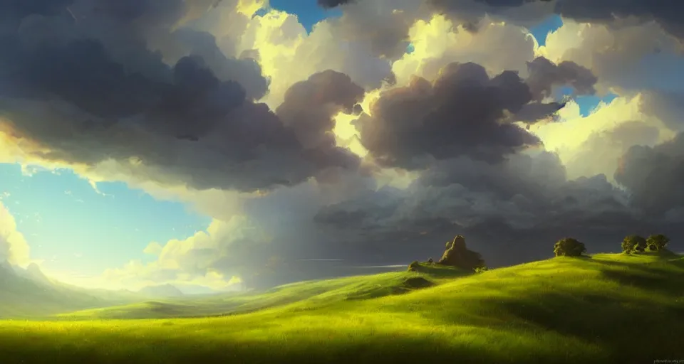 Prompt: landscape : a large wooden sleek fantasy sky - ship flying through the clouds blue sky grassy hills, andreas rocha style