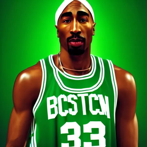 Image similar to portrait of tupac shakur, boston celtics jersey number 3 4, green, white, cartoon digital art, oil on canvas, trending on artstation, octane render