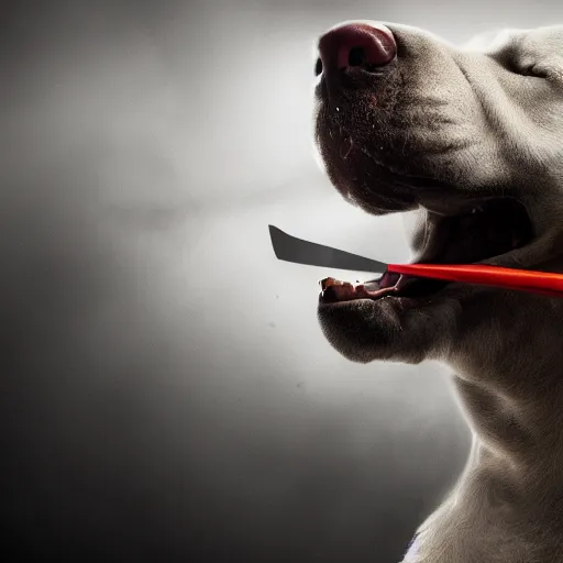 Prompt: a giant dog holding a katana in his mouth, fog, menacing, terror, high details, 4 k