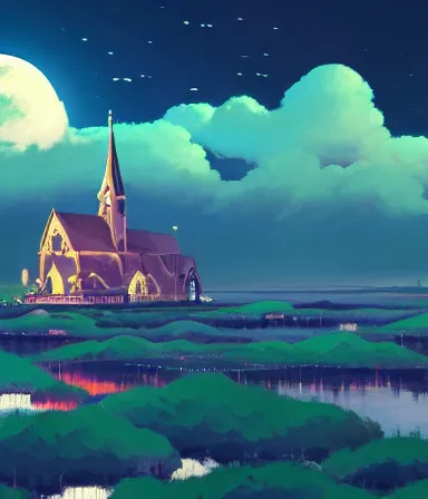 Prompt: a ultradetailed anime illustration of the island floats in the sky, gothic church on the island, in front of a huge moon, cumulus clouds, by makoto shinkai, anton fadeev, thomas kinkade, and james gilleard, deviantart, cgsociety, 4 k vertical wallpaper, ultra wide angle