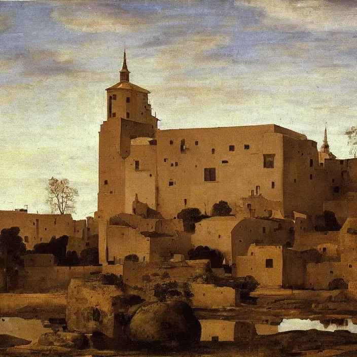 Prompt: a building in a serene landscape, by diego velazquez