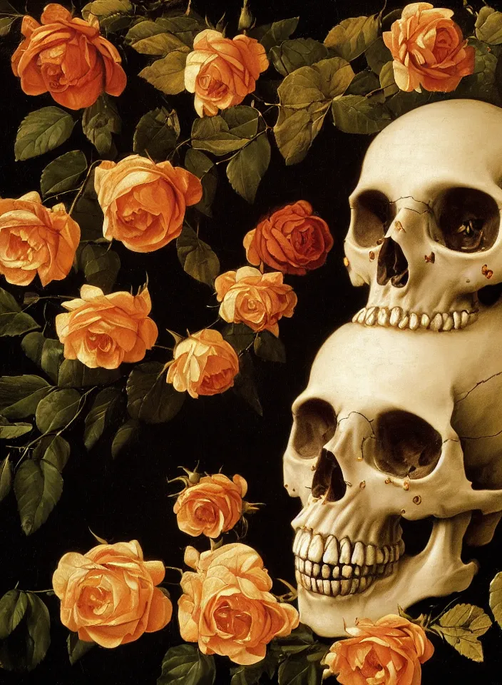 Prompt: portrait of a marble skull with a wreath of gold roses and a dress of gold rose petals, oil painting in a renaissance style , very detailed, painted by Caravaggio.