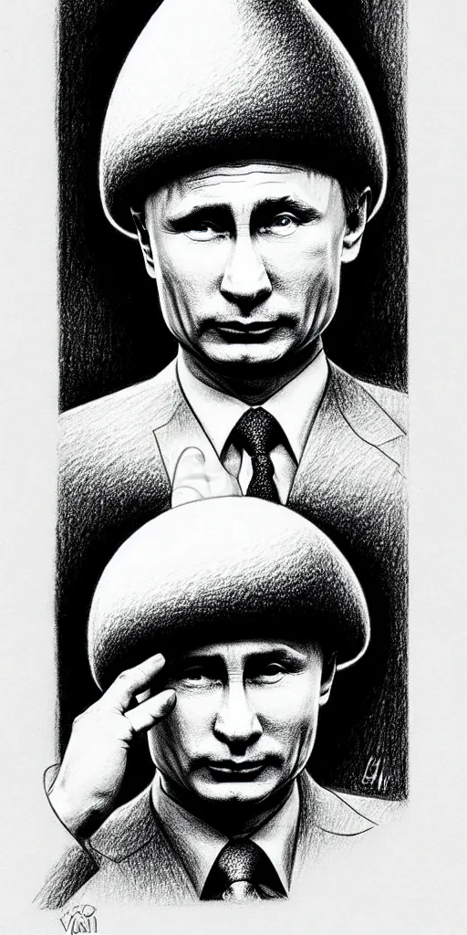 Image similar to vladimir putin with a nuclear mushroom cloud hat, cartoonish, ultra detailed pencil drawing