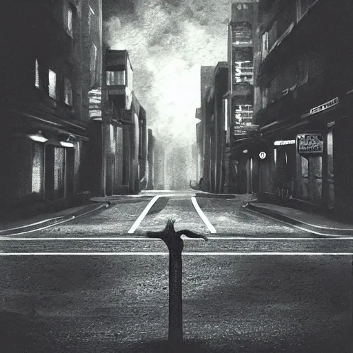 Image similar to A polaroid of a street with no one on it but a eldritch creature. Black and white, grainy, dark colors, cinematic lighting, hyper detailed, trending on art station.