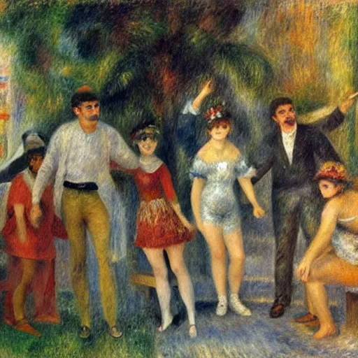 Image similar to disco party, strobo lights, millennials dancing, shorts and short skirts, the square of an italian small town with stairs, impressionist drawing by renoir, high definition
