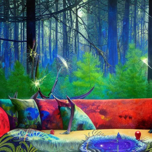 Image similar to psychedelic couch sofa in the lush pine forest, outer space, milky way, moose antlers, designed by arnold bocklin, jules bastien - lepage, tarsila do amaral, wayne barlowe and gustave baumann, cheval michael, trending on artstation, star, sharp focus, colorful refracted sparkles and lines, soft light, 8 k 4 k