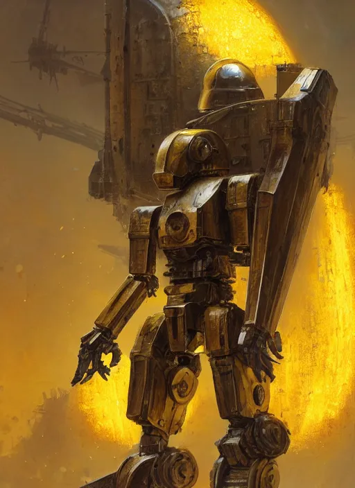 Image similar to human-sized strong intricate yellow pit droid carrying very detailed perfect antique great sword and beautiful large paladin shield, pancake short large head, exposed metal bones, painterly humanoid mecha, slightly far away, by Greg Rutkowski