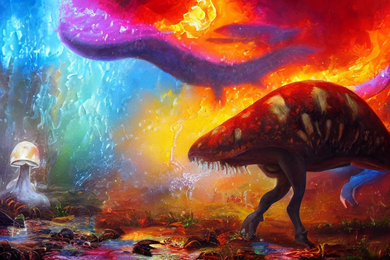 Image similar to highly detailed oil painting of a mushroom tyrannosaurus rex in a steaming colorful hotspring, featured on artstation