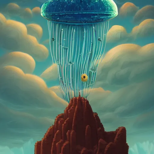 Prompt: Flying machine with jellyfish in the sky flying over desert and ocean, inspired by Cyril Rolando, David Wiesner, ornate, intricate, emitting light ornaments, trending on artstation, volumetric lighting, CGsociety, alizarin red, brick red, burgundy color, dull red, gray color, olive color, red and green, scarlet, shades of green, shades of red, swamp green, terracotta red