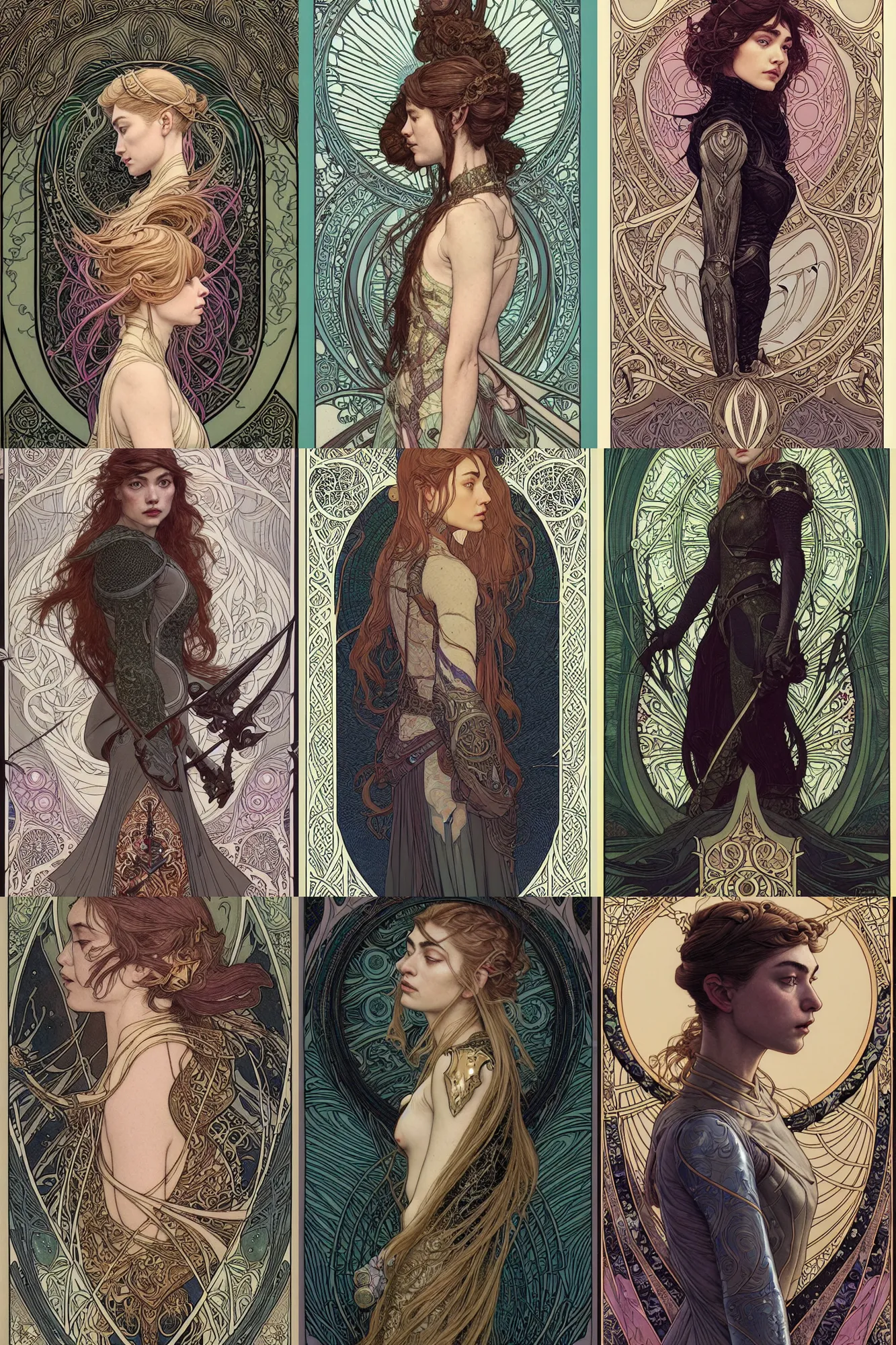 Prompt: side profile artwork, imogen poots paladin, by eve ventrue, casey weldon, charles vess, martine johanna, artgerm, jakub rebelka. art nouveau neo - gothic tarot card by mucha. dota. swirly intricate linework background. gaudy colors, sharp edges. ultra clear detailed. 8 k. elegant. octane render