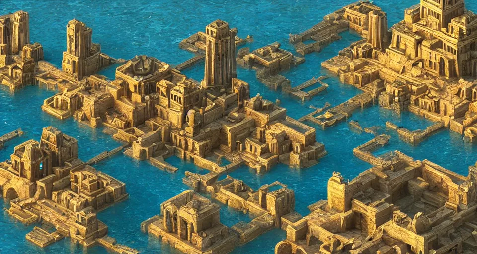 Prompt: ancient city of atlantis with big buildings in gold, fantasy, magical, cinematic, establishing shot, volumetric lighting, extremely detailed, intricate, sharp focus, coherent