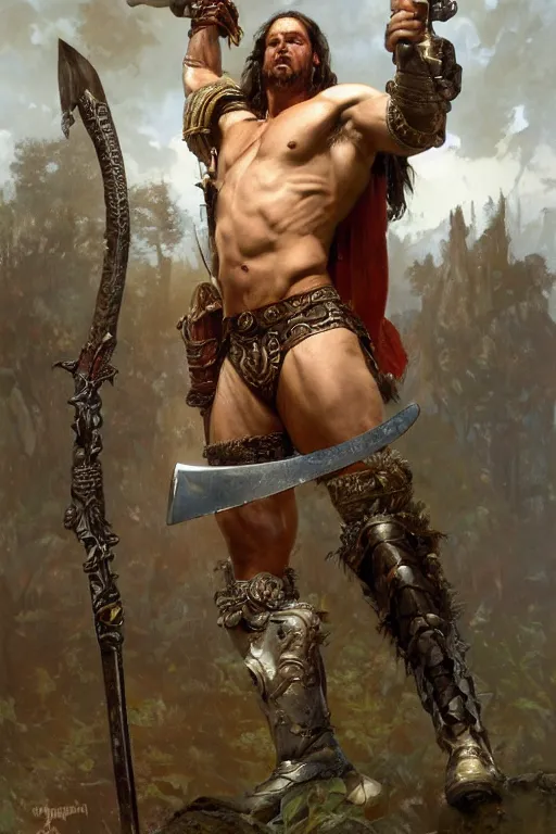 Prompt: full body image of muscular male barbarian holding sword in the air, intricate details, large sword, by Stanley Artgerm Lau, by greg rutkowski, by thomas kindkade, by alphonse mucha, loish, by norman rockwell J.