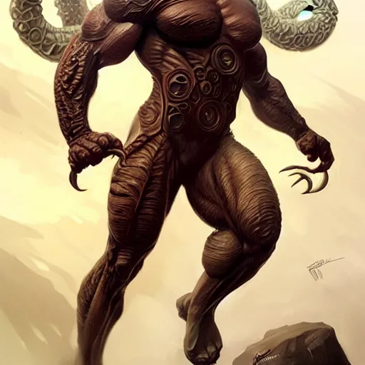 Prompt: hydra monster, muscular upper body, D&D, fantasy, intricate, elegant, highly detailed, digital painting, artstation, concept art, smooth, sharp focus, illustration, art by artgerm and greg rutkowski and alphonse mucha