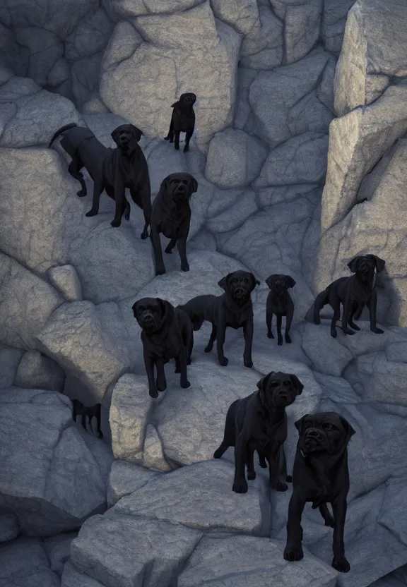 Prompt: a pack of angry rabid demonic evil monstrous dark black mastiffs made of shadows while exploring a claustrophobic dark blue canyon of stone, oil painting, greg rutkowski, unreal engine, octane render, cinematic lighting, highly detailed