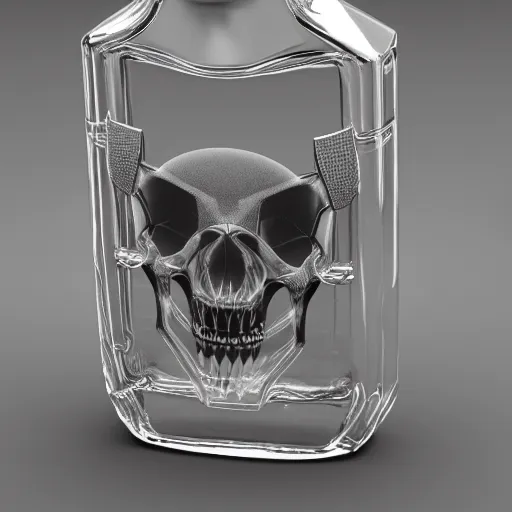 Image similar to transparent ancient boar skull flask, raytracing, orthographic 3d rendering, octane render