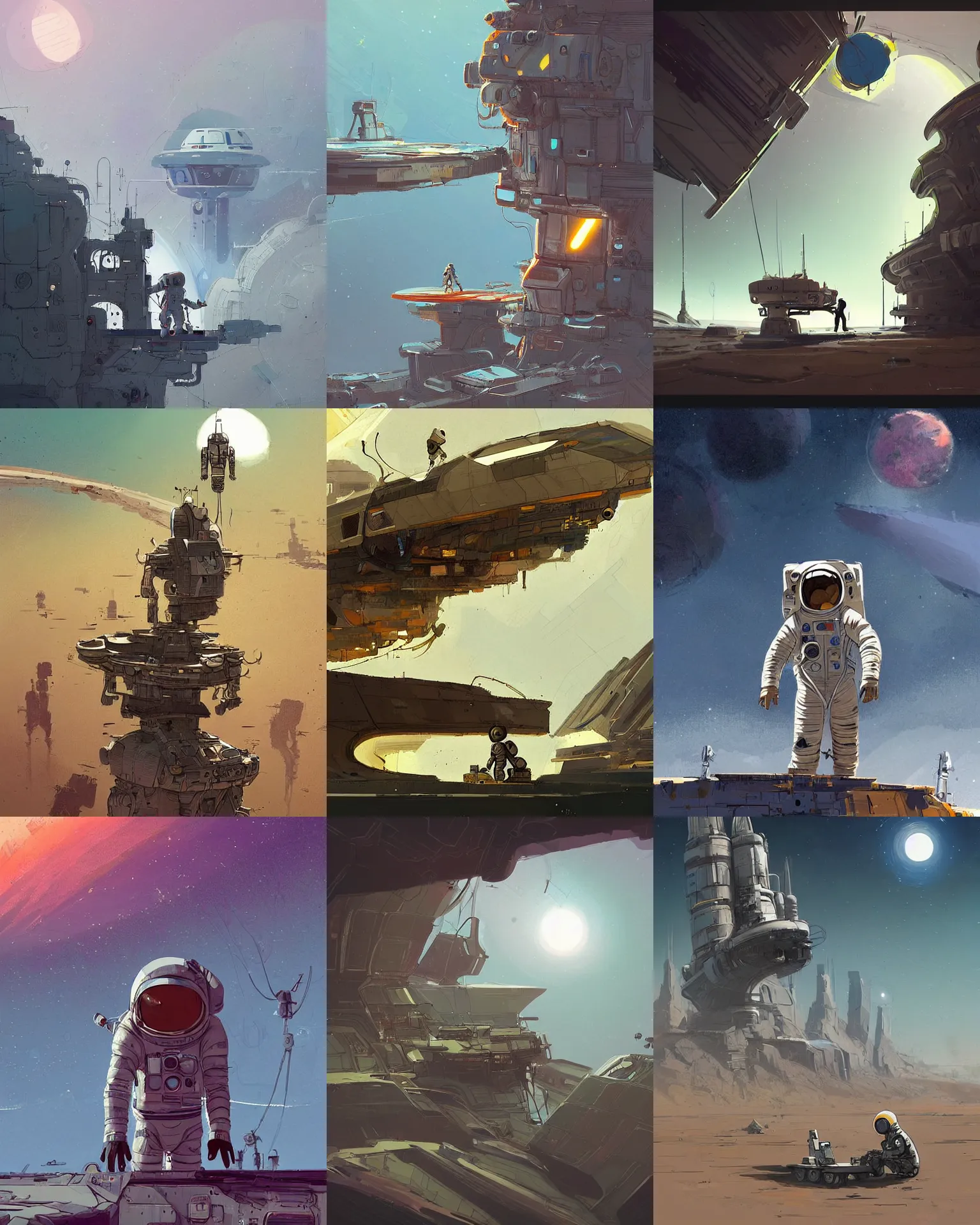 Prompt: An epic digital art of an astronaut alone on an unknown planet trying to repair his spaceship, Artwork by Ian McQue, trending on ArtStation