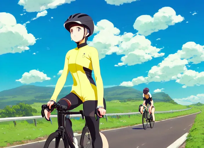 Prompt: portrait of cute girl riding road bike, sunny sky background, lush landscape, illustration concept art anime key visual trending pixiv fanbox by wlop and greg rutkowski and makoto shinkai and studio ghibli and kyoto animation, symmetrical facial features, sports clothing, yellow helmet, nike cycling suit, backlit, aerodynamic frame, riding pose, realistic anatomy