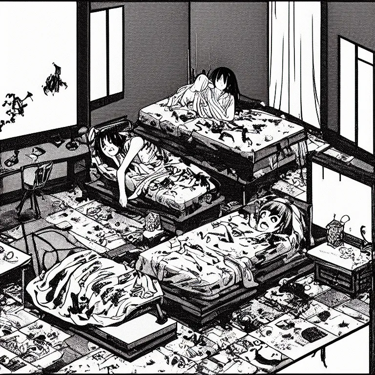 Prompt: cursed illustration of beautifully ominous creepy sleep paralysis demon observing sleeping teenager inside 1 9 8 0's cluttered bedroom. manga style of junji ito, kentaro mirua, weirdcore, octane render