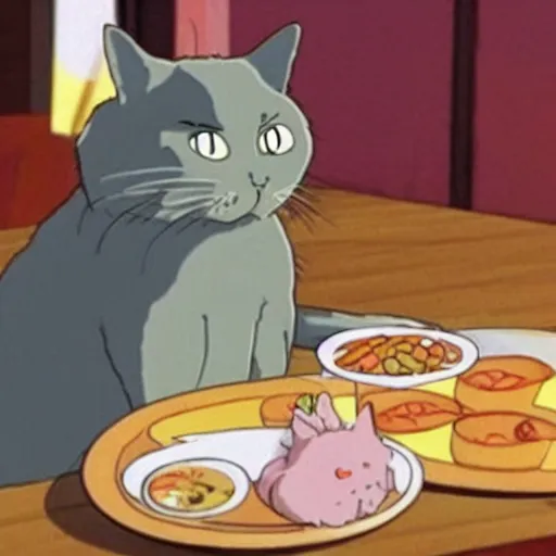 Prompt: a cat eating a thai breakfast appears in Spirited Away