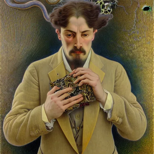 Image similar to realistic extremely detailed portrait painting of. an average. man with his. briefcase .in his. left hand . by Jean Delville, Amano, Yves Tanguy, Alphonse Mucha, Ernst Haeckel, Edward Robert Hughes, Roger Dean, pale muted pastel moody colors, gold eyes