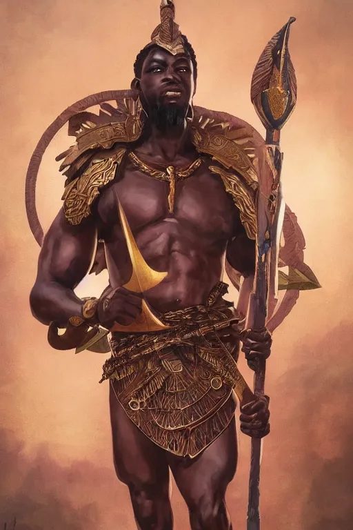 Prompt: ogun holding a great spear, African warrior deity wearing ancient golden armor, orisha God of hunters and craftsmen, strong masculine features, menacing cinematic mid portrait, digital illustration, octane render trending on arstation by artgerm, raphaelite and mucha