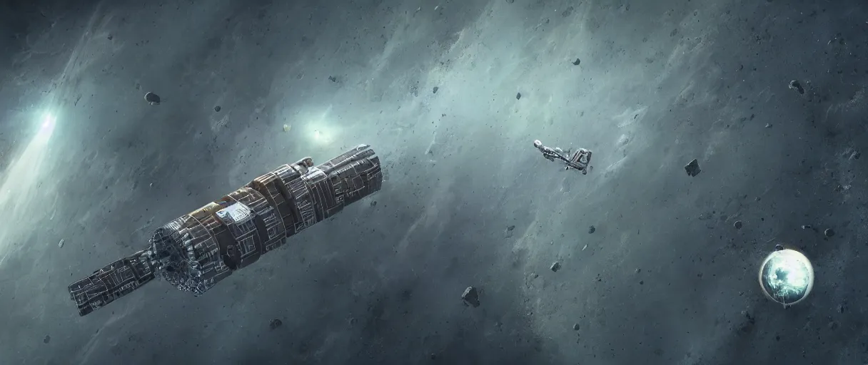 Image similar to illustration, a single small spaceship, deep space exploration, alone, the expanse tv series, industrial design, battlestar galactica tv series (2004), cinematic lighting, 4k, greebles, widescreen, wide angle, sharp and blocky shapes, hyper realistic, hubble photography, the final frontier, beksinski, simon stalenhag