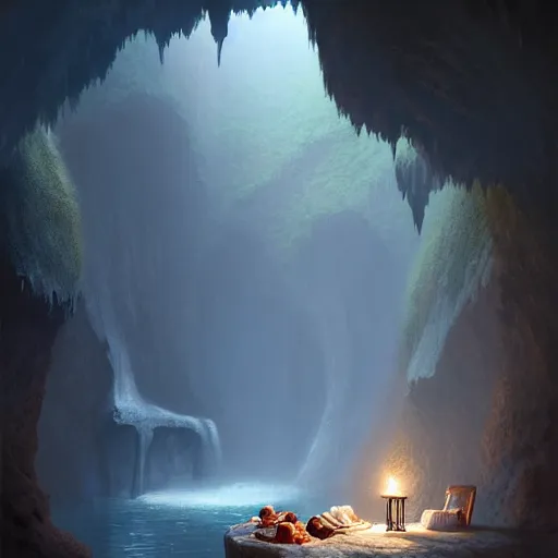 Prompt: cozy, hotspring hidden in a cave, candlelight, towels, cushions, plates of fruit, no people natural light, lush plants and flowers, elegant, smooth cave rock, fantasy, atmospheric lighting, digital painting, Greg Rutkowski concept art