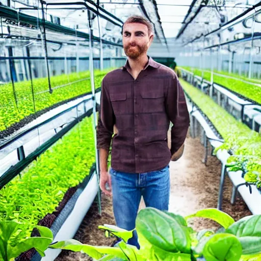 Prompt: man looking over hydroponic farm, satisfied, working, happy, hd